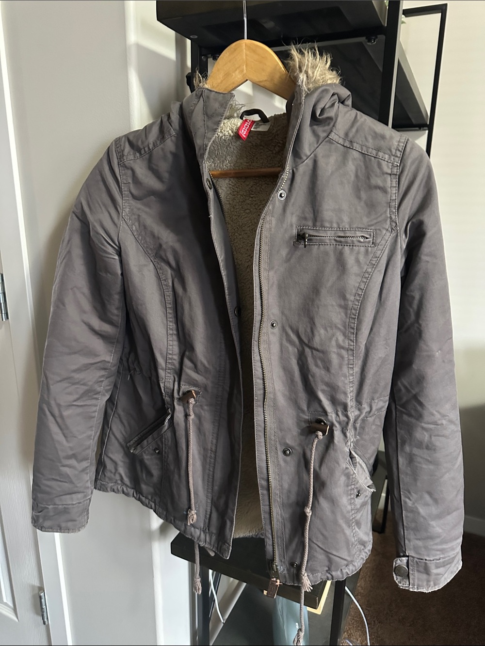 H&M Gray Hooded Utility Jacket with Faux Fur Trim